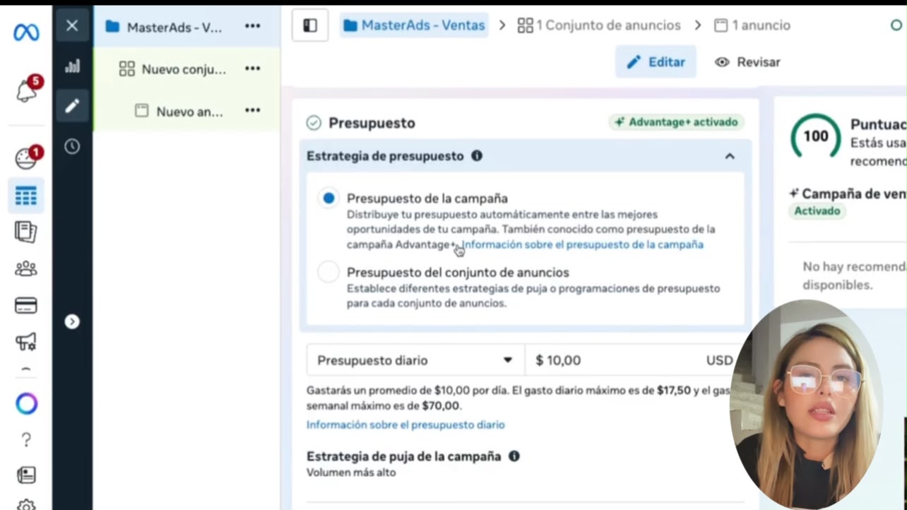 Clase práctica de Guadalupe sobre el presupuesto de una campaña en Meta Ads